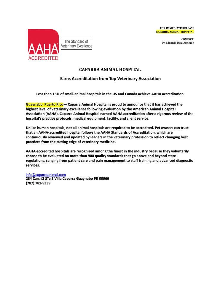 Comunicado de Caparra Animal Hospital sobre la acreditación de la American Animal Hospital Association.